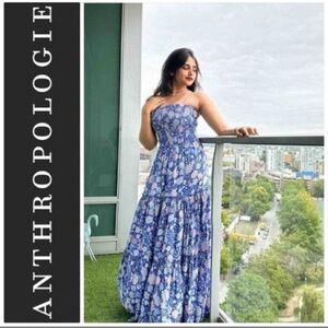 Anthropologie Blue Floral Strapless Maxi Dress